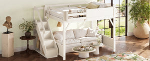 English Elm Queen Loft Bed Solid Pine Frame with Built-In Wardrobe Shelves and Stair Access Antique White W1580S00728