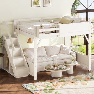 English Elm Queen Loft Bed Solid Pine Frame with Built-In Wardrobe Shelves and Stair Access Antique White W1580S00728