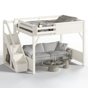 English Elm Queen Loft Bed Solid Pine Frame with Built-In Wardrobe Shelves and Stair Access Antique White W1580S00728