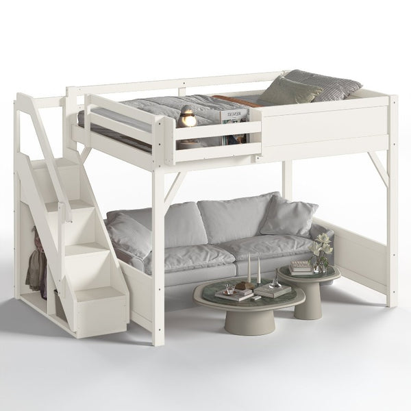 English Elm Queen Loft Bed Solid Pine Frame with Built-In Wardrobe Shelves and Stair Access Antique White W1580S00728