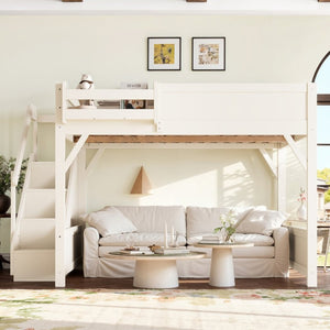 English Elm Queen Loft Bed Solid Pine Frame with Built-In Wardrobe Shelves and Stair Access Antique White W1580S00728
