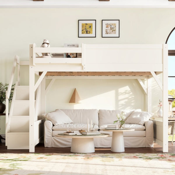 English Elm Queen Loft Bed Solid Pine Frame with Built-In Wardrobe Shelves and Stair Access Antique White W1580S00728