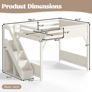 English Elm Queen Loft Bed Solid Pine Frame with Built-In Wardrobe Shelves and Stair Access Antique White W1580S00728