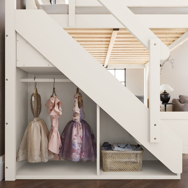 English Elm Queen Loft Bed Solid Pine Frame with Built-In Wardrobe Shelves and Stair Access Antique White W1580S00728
