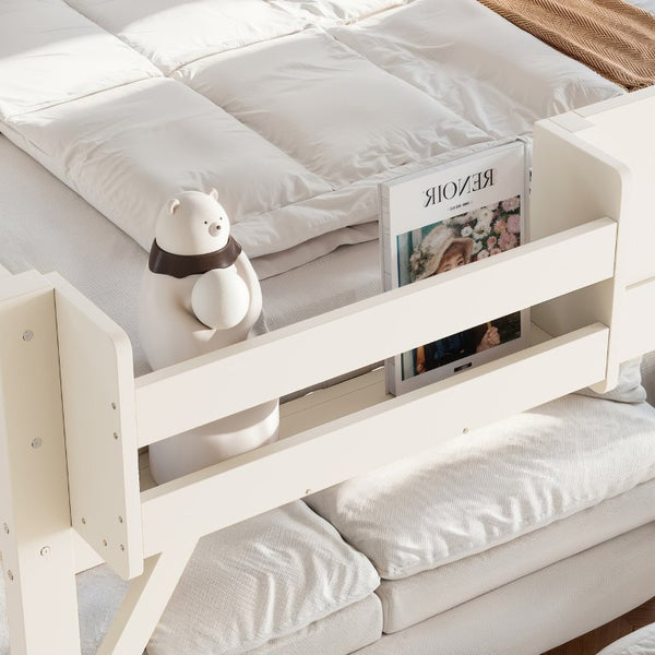 English Elm Queen Loft Bed Solid Pine Frame with Built-In Wardrobe Shelves and Stair Access Antique White W1580S00728