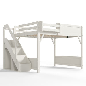 English Elm Queen Loft Bed Solid Pine Frame with Built-In Wardrobe Shelves and Stair Access Antique White W1580S00728