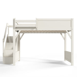 English Elm Queen Loft Bed Solid Pine Frame with Built-In Wardrobe Shelves and Stair Access Antique White W1580S00728