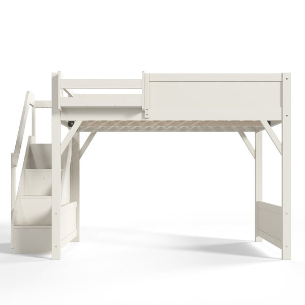 English Elm Queen Loft Bed Solid Pine Frame with Built-In Wardrobe Shelves and Stair Access Antique White W1580S00728