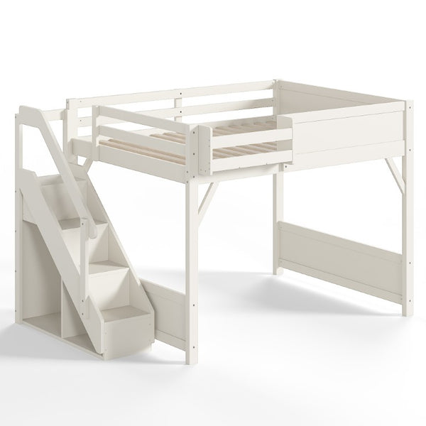 English Elm Queen Loft Bed Solid Pine Frame with Built-In Wardrobe Shelves and Stair Access Antique White W1580S00728