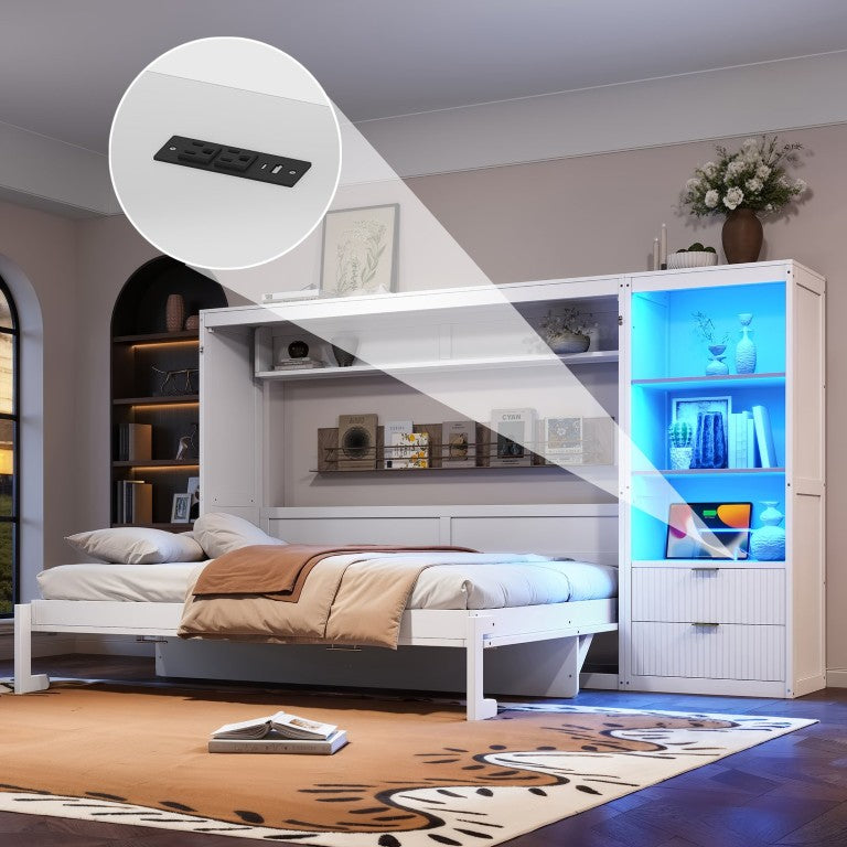 English Elm Queen Murphy Wall Bed with LED Lighting Charging Station and Storage for Studio Spaces White W1580S00729