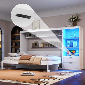 English Elm Queen Murphy Wall Bed with LED Lighting Charging Station and Storage for Studio Spaces White W1580S00729