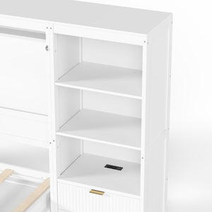 English Elm Queen Murphy Wall Bed with LED Lighting Charging Station and Storage for Studio Spaces White W1580S00729
