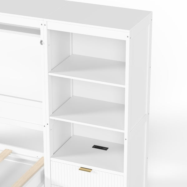 English Elm Queen Murphy Wall Bed with LED Lighting Charging Station and Storage for Studio Spaces White W1580S00729