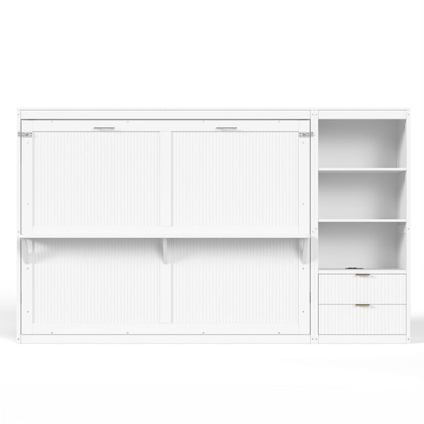 English Elm Queen Murphy Wall Bed with LED Lighting Charging Station and Storage for Studio Spaces White W1580S00729