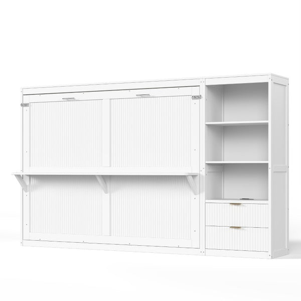 English Elm Queen Murphy Wall Bed with LED Lighting Charging Station and Storage for Studio Spaces White W1580S00729