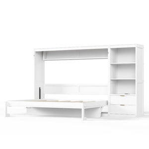 English Elm Queen Murphy Wall Bed with LED Lighting Charging Station and Storage for Studio Spaces White W1580S00729