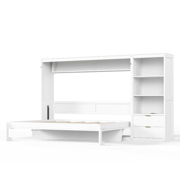 English Elm Queen Murphy Wall Bed with LED Lighting Charging Station and Storage for Studio Spaces White W1580S00729