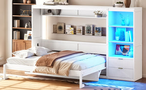 English Elm Queen Murphy Wall Bed with LED Lighting Charging Station and Storage for Studio Spaces White W1580S00729