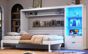 English Elm Queen Murphy Wall Bed with LED Lighting Charging Station and Storage for Studio Spaces White W1580S00729