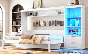 English Elm Queen Murphy Wall Bed with LED Lighting Charging Station and Storage for Studio Spaces White W1580S00729