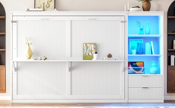 English Elm Queen Murphy Wall Bed with LED Lighting Charging Station and Storage for Studio Spaces White W1580S00729