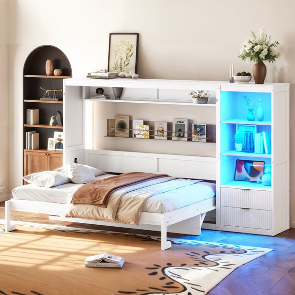 English Elm Queen Murphy Wall Bed with LED Lighting Charging Station and Storage for Studio Spaces White W1580S00729