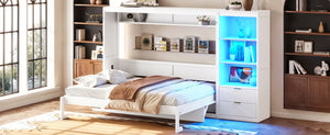 English Elm Queen Murphy Wall Bed with LED Lighting Charging Station and Storage for Studio Spaces White W1580S00729
