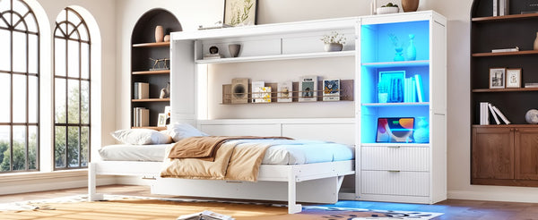 English Elm Queen Murphy Wall Bed with LED Lighting Charging Station and Storage for Studio Spaces White W1580S00729