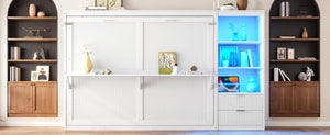 English Elm Queen Murphy Wall Bed with LED Lighting Charging Station and Storage for Studio Spaces White W1580S00729