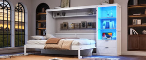 English Elm Queen Murphy Wall Bed with LED Lighting Charging Station and Storage for Studio Spaces White W1580S00729