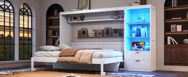 English Elm Queen Murphy Wall Bed with LED Lighting Charging Station and Storage for Studio Spaces White W1580S00729