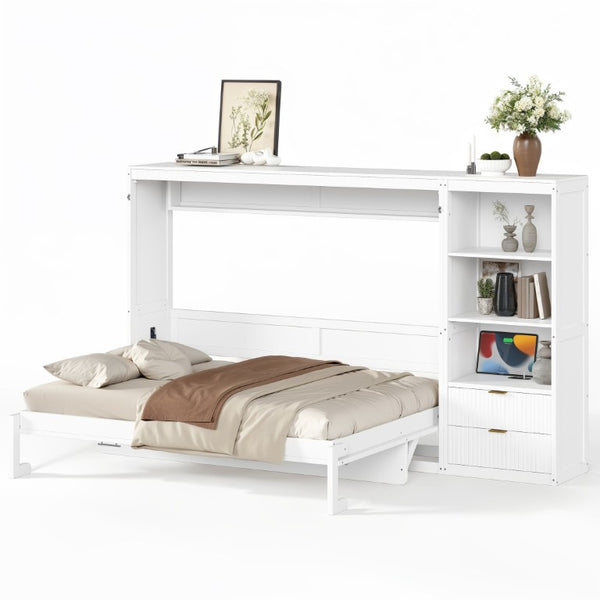 English Elm Queen Murphy Wall Bed with LED Lighting Charging Station and Storage for Studio Spaces White W1580S00729