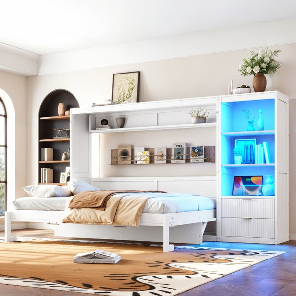 English Elm Queen Murphy Wall Bed with LED Lighting Charging Station and Storage for Studio Spaces White W1580S00729