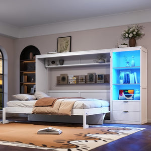 English Elm Queen Murphy Wall Bed with LED Lighting Charging Station and Storage for Studio Spaces White W1580S00729
