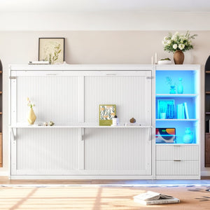 English Elm Queen Murphy Wall Bed with LED Lighting Charging Station and Storage for Studio Spaces White W1580S00729