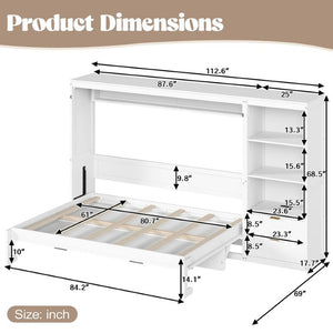 English Elm Queen Murphy Wall Bed with LED Lighting Charging Station and Storage for Studio Spaces White W1580S00729