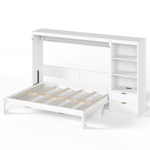 English Elm Queen Murphy Wall Bed with LED Lighting Charging Station and Storage for Studio Spaces White W1580S00729