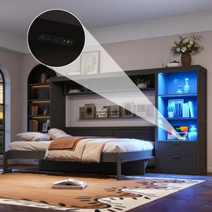 English Elm Queen Murphy Wall Bed with LED Lighting Charging Station and Storage for Studio Spaces Grey W1580S00730