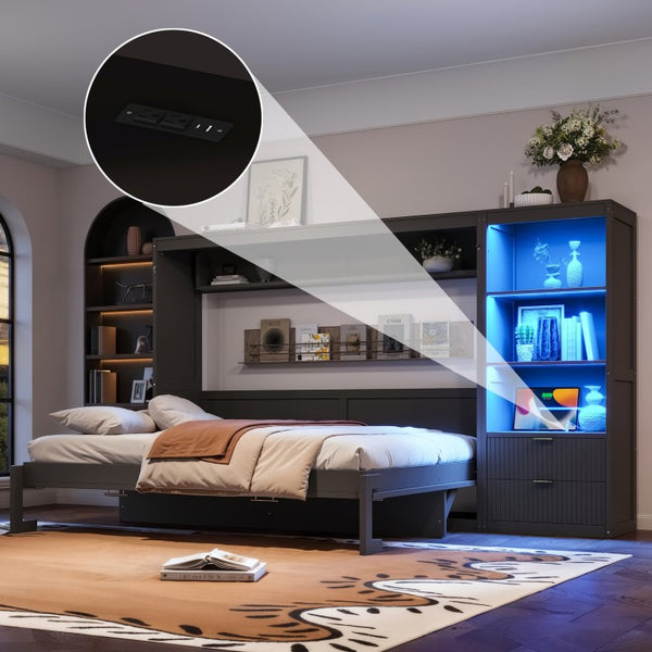English Elm Queen Murphy Wall Bed with LED Lighting Charging Station and Storage for Studio Spaces Grey W1580S00730