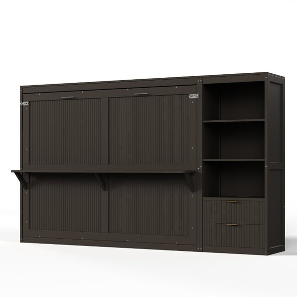 English Elm Queen Murphy Wall Bed with LED Lighting Charging Station and Storage for Studio Spaces Grey W1580S00730