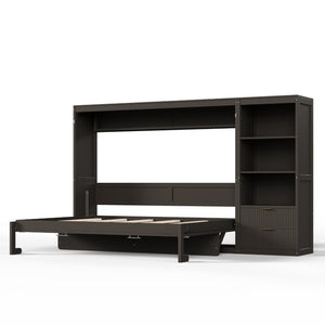 English Elm Queen Murphy Wall Bed with LED Lighting Charging Station and Storage for Studio Spaces Grey W1580S00730