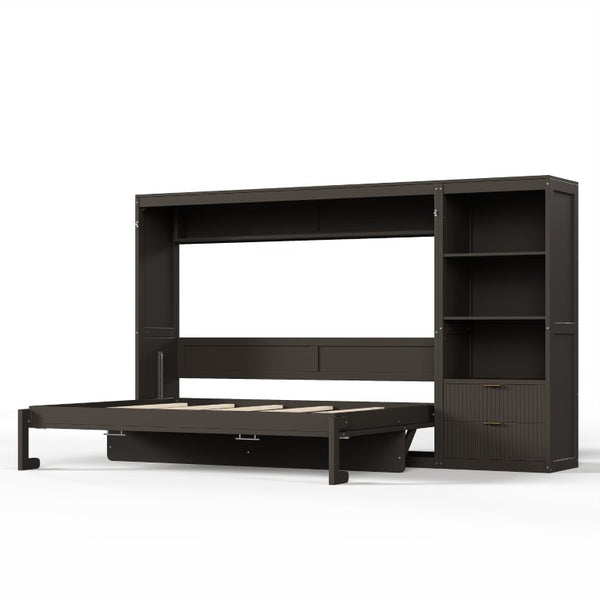 English Elm Queen Murphy Wall Bed with LED Lighting Charging Station and Storage for Studio Spaces Grey W1580S00730