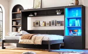 English Elm Queen Murphy Wall Bed with LED Lighting Charging Station and Storage for Studio Spaces Grey W1580S00730