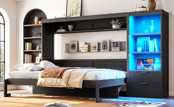 English Elm Queen Murphy Wall Bed with LED Lighting Charging Station and Storage for Studio Spaces Grey W1580S00730