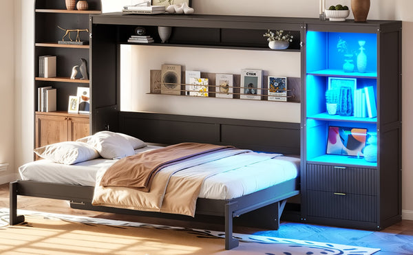 English Elm Queen Murphy Wall Bed with LED Lighting Charging Station and Storage for Studio Spaces Grey W1580S00730