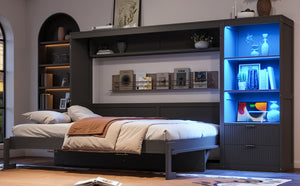 English Elm Queen Murphy Wall Bed with LED Lighting Charging Station and Storage for Studio Spaces Grey W1580S00730