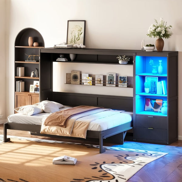 English Elm Queen Murphy Wall Bed with LED Lighting Charging Station and Storage for Studio Spaces Grey W1580S00730