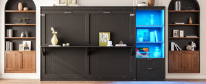 English Elm Queen Murphy Wall Bed with LED Lighting Charging Station and Storage for Studio Spaces Grey W1580S00730