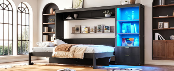 English Elm Queen Murphy Wall Bed with LED Lighting Charging Station and Storage for Studio Spaces Grey W1580S00730