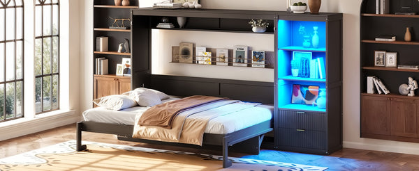 English Elm Queen Murphy Wall Bed with LED Lighting Charging Station and Storage for Studio Spaces Grey W1580S00730
